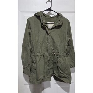 Country Romantic Authentic Denim '75 Hood Olive Green Military Jacket Women Sz 6